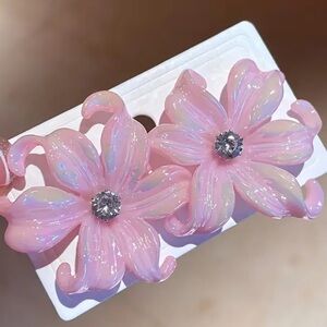 Opalescent Pink Floral Resin with Cubic Zirconia Stud, Silvery Post, Earrings